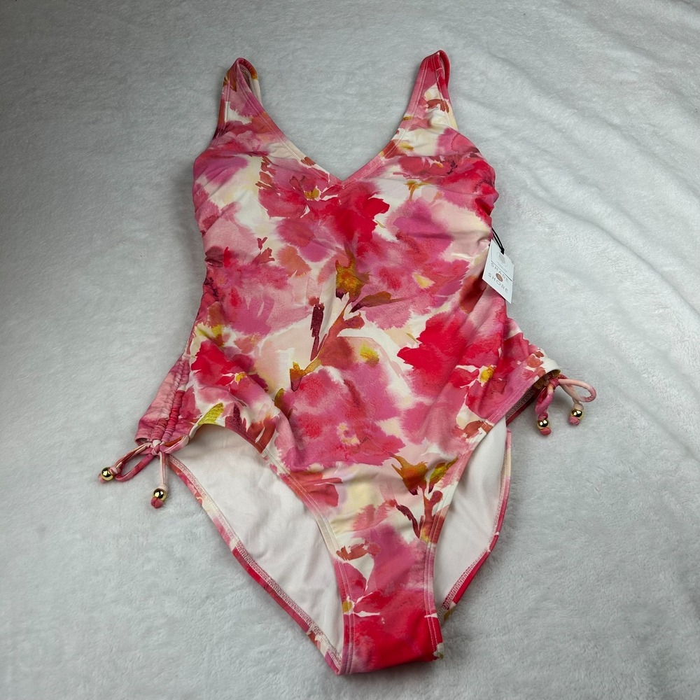 Shade & Shore One Piece Swimsuit Women M(8-10) Pink Floral Lined Plunge Side-Tie